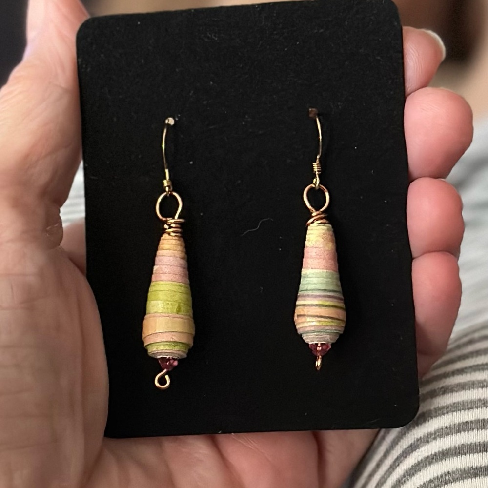 Minimalist Pink and Green Dangle Earrings with Gold Hooks